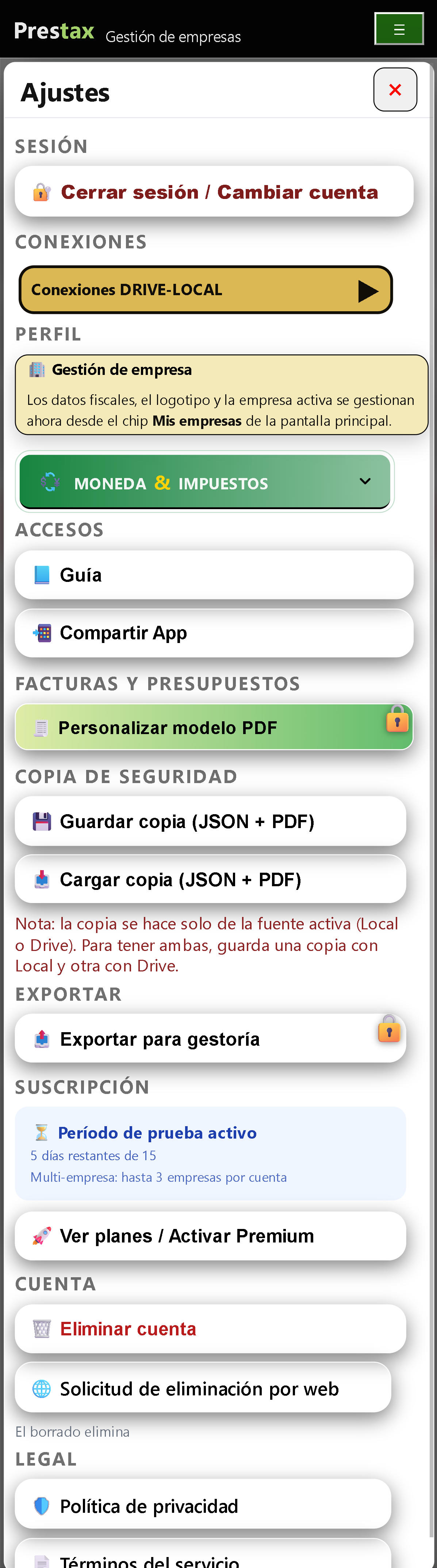 Historial de facturas en Prestax