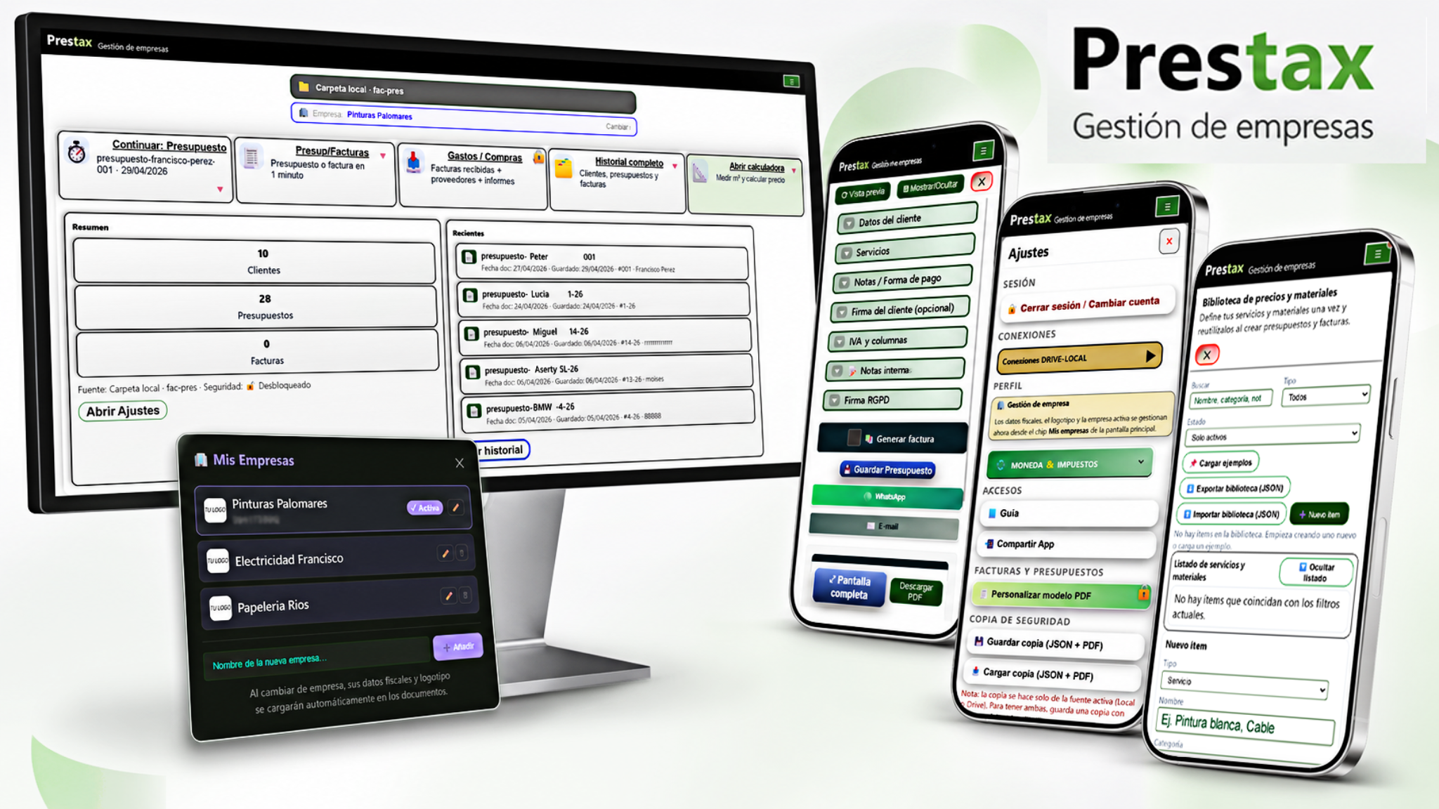 Vista compuesta de Prestax en escritorio y móvil: home, ajustes, presupuesto, biblioteca y gestión de empresas
